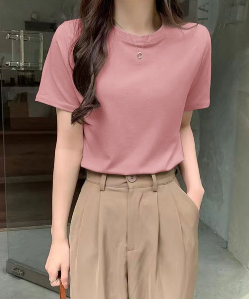 LOWO(ロワ)の「【全20色 / 65kgまで対応】高弾力 限界ストレッチ上品クルーネックTシャツ(Tシャツ/カットソー・レディース・スカイブルー/ネイビー/チャコールグレー/ターコイズブルー/レッド/イエロー/グレー/ピンク/ブラック/グリーン系その他/アクア/ライトピンク/モカ/オフホワイト/ダークブラウン/ミント/ブルー/ブラウン/ラベンダー/グレイッシュベージュ・FREE)」の19枚目の写真