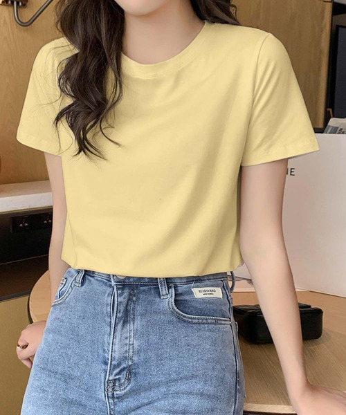 LOWO(ロワ)の「【全20色 / 65kgまで対応】高弾力 限界ストレッチ上品クルーネックTシャツ(Tシャツ/カットソー・レディース・スカイブルー/ネイビー/チャコールグレー/ターコイズブルー/レッド/イエロー/グレー/ピンク/ブラック/グリーン系その他/アクア/ライトピンク/モカ/オフホワイト/ダークブラウン/ミント/ブルー/ブラウン/ラベンダー/グレイッシュベージュ・FREE)」の1枚目の写真