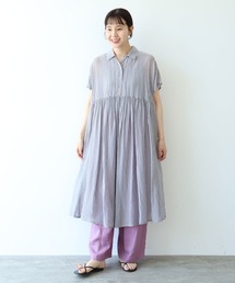 washer Cu stripe peprum open collar ワンピース