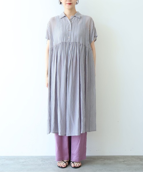yuni（ユニ　）の「washer Cu stripe peprum open collar ワンピース（ワンピース・レディース・ブラウン/ブルー・FREE）」の14枚目の写真