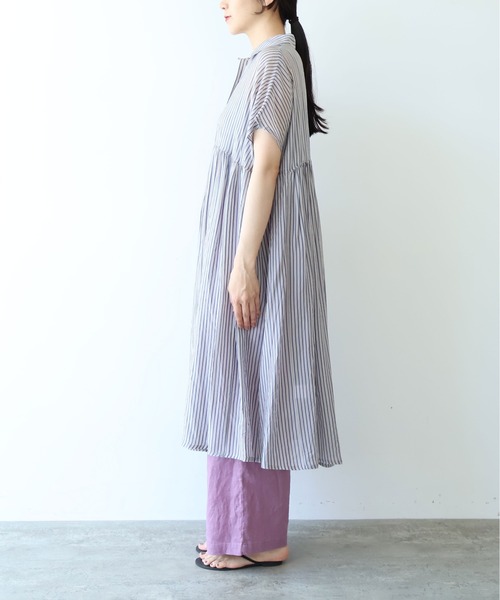 yuni（ユニ　）の「washer Cu stripe peprum open collar ワンピース（ワンピース・レディース・ブラウン/ブルー・FREE）」の15枚目の写真