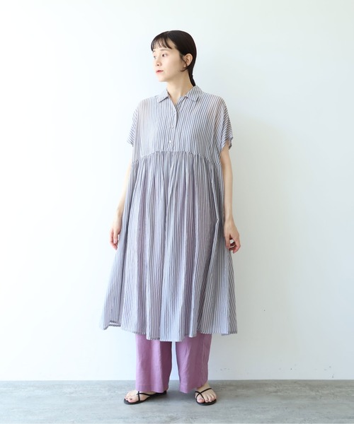 yuni（ユニ　）の「washer Cu stripe peprum open collar ワンピース（ワンピース・レディース・ブラウン/ブルー・FREE）」の10枚目の写真