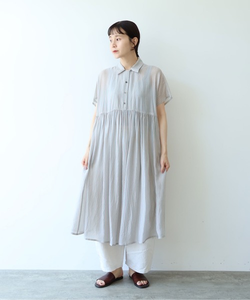 yuni（ユニ　）の「washer Cu stripe peprum open collar ワンピース（ワンピース・レディース・ブラウン/ブルー・FREE）」の3枚目の写真