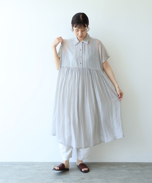 yuni（ユニ　）の「washer Cu stripe peprum open collar ワンピース（ワンピース・レディース・ブラウン/ブルー・FREE）」の4枚目の写真