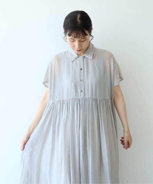 yuni（ユニ　）の「washer Cu stripe peprum open collar ワンピース（ワンピース・レディース・ブラウン/ブルー・FREE）」の7枚目の写真