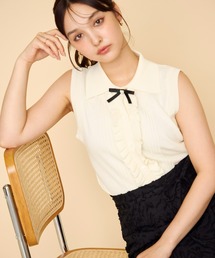 2026春夏新作 襟付きフリルノースリーブニット