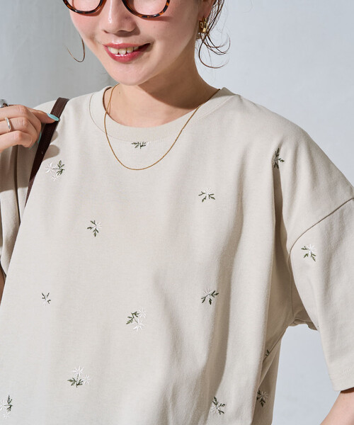 限定展開 フラワー 刺繍 半袖 ビッグ Tシャツ（Tシャツ/カットソー