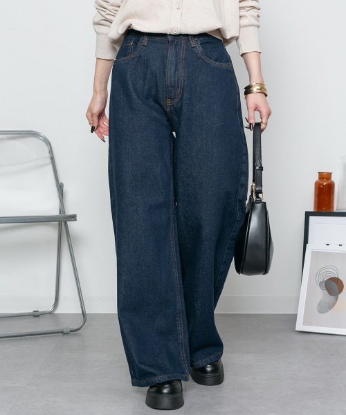 MARAI(マーライ)の「デニム ワイドパンツ(デニムパンツ・レディース・ネイビー/ブルー/ワンウォッシュ・LL/4L/M/L/3L)」の6枚目の写真