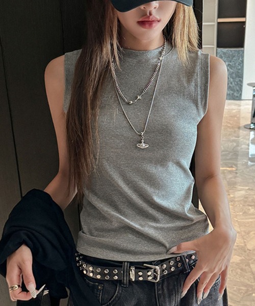 meJane(ミージェーン)の「ノースリーブTシャツ(タンクトップ・レディース・ホワイト/カーキ/ブラウン/ブラック/グレー・FREE)」の3枚目の写真