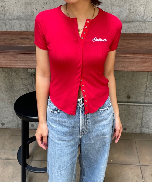 ROGER AND RAW(ロジャーアンドロウ)の「フロントボタンリブ半袖トップス(Tシャツ/カットソー・レディース・ホワイト/ブラック/レッド・FREE)」の16枚目の写真