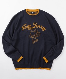 【71】【TOM&JERRY/トムとジェリー】フェイクレイヤード 配色 ダブルジャガード ニット/クルーネック/ユニセックス/レディース/メンズ