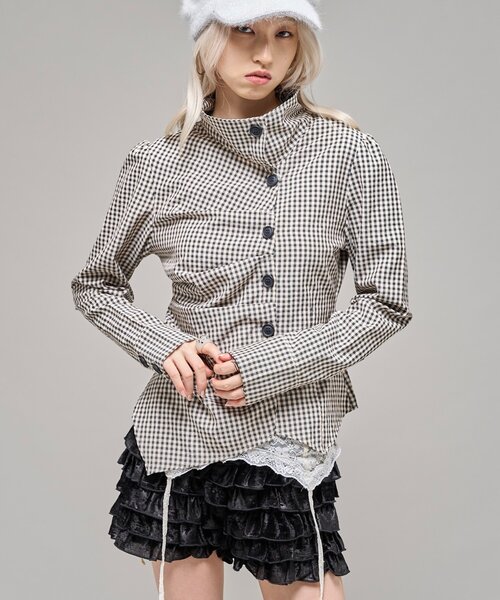 WHO'S WHO gallery（フーズフーギャラリー）の「アシメスタンドシャツ（シャツ/ブラウス・レディース・チャコールグレー/ベージュ/カーキ・FREE）」の7枚目の写真