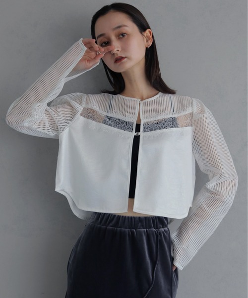 &g'aime（アンジェム）の「【&ｇ'aime 】メッシュ×レースミックスボレロ　Mesh and Lace Mix Bolero（カーディガン/ボレロ・レディース・ホワイト/ブラック・FREE）」の2枚目の写真