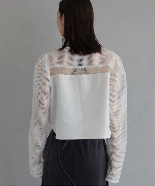&g'aime（アンジェム）の「【&ｇ'aime 】メッシュ×レースミックスボレロ　Mesh and Lace Mix Bolero（カーディガン/ボレロ・レディース・ホワイト/ブラック・FREE）」の6枚目の写真