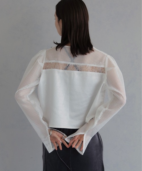 &g'aime（アンジェム）の「【&ｇ'aime 】メッシュ×レースミックスボレロ　Mesh and Lace Mix Bolero（カーディガン/ボレロ・レディース・ホワイト/ブラック・FREE）」の5枚目の写真