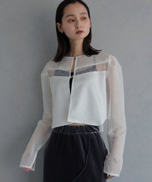 &g'aime（アンジェム）の「【&ｇ'aime 】メッシュ×レースミックスボレロ　Mesh and Lace Mix Bolero（カーディガン/ボレロ・レディース・ホワイト/ブラック・FREE）」の9枚目の写真