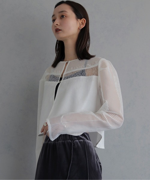 &g'aime（アンジェム）の「【&ｇ'aime 】メッシュ×レースミックスボレロ　Mesh and Lace Mix Bolero（カーディガン/ボレロ・レディース・ホワイト/ブラック・FREE）」の8枚目の写真