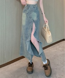 ハイウエストアシンメトリーデニムスカート フリルスリット