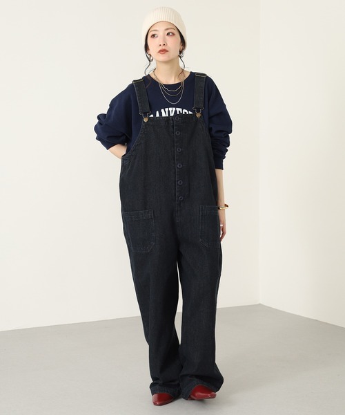 OMNES(オムネス)の「ワッシャーダンプ&デニムサロペット(サロペット/オーバーオール・レディース・ブラック/カーキ/ベージュ/ネイビー・FREE)」の4枚目の写真