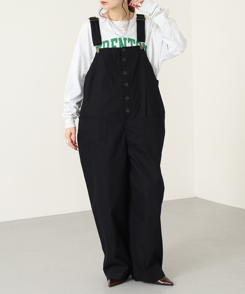 OMNES(オムネス)の「ワッシャーダンプ&デニムサロペット(サロペット/オーバーオール・レディース・ブラック/カーキ/ベージュ/ネイビー・FREE)」の1枚目の写真