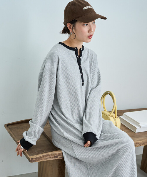 限定展開 ヘンリー スナップボタン ロングスリーブ ワンピース