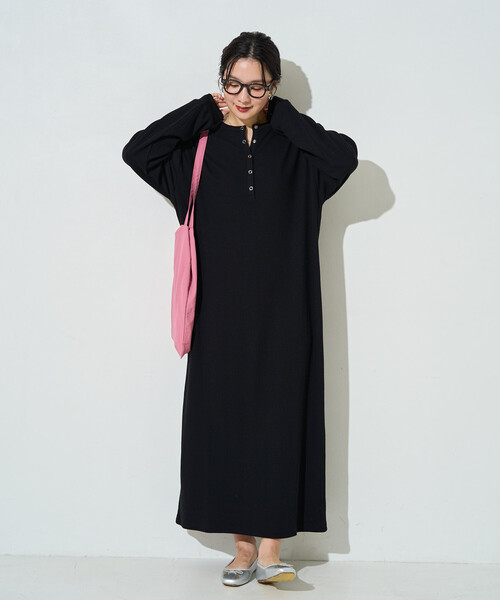 限定展開 ヘンリー スナップボタン ロングスリーブ ワンピース