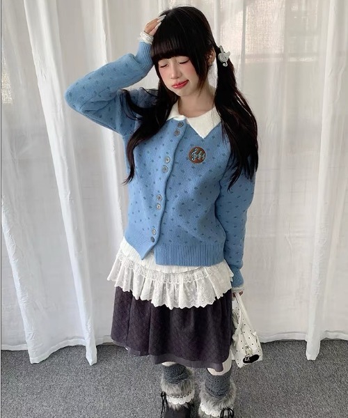 AsRiRe(アスリレイ)の「26aw 音符ワッペン付き総柄バイカラーカラーニットカーディガン(カーディガン/ボレロ・レディース・グレー/ブルー・M)」の15枚目の写真