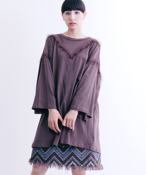 MERLOT（メルロー）の「部分チュールプルオーバー1218（Tシャツ/カットソー・レディース・オフホワイト/ブラウン/ブラック/マスタード・FREE）」の3枚目の写真