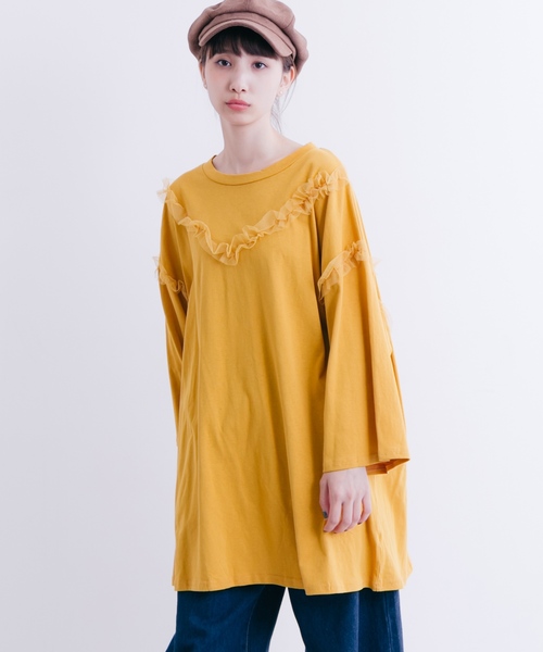 MERLOT（メルロー）の「部分チュールプルオーバー1218（Tシャツ/カットソー・レディース・オフホワイト/ブラウン/ブラック/マスタード・FREE）」の4枚目の写真