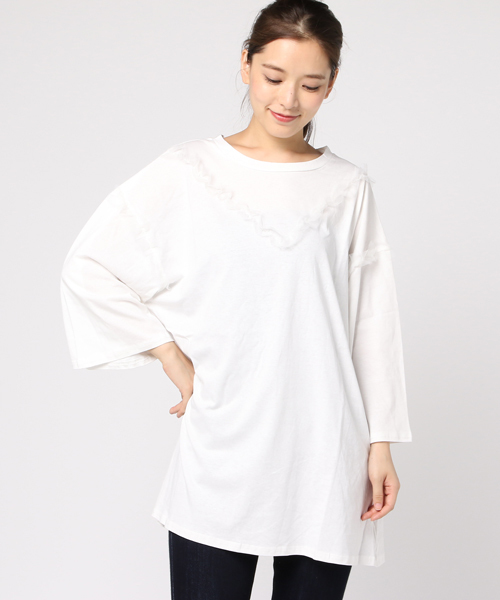 MERLOT（メルロー）の「部分チュールプルオーバー1218（Tシャツ/カットソー・レディース・オフホワイト/ブラウン/ブラック/マスタード・FREE）」の6枚目の写真