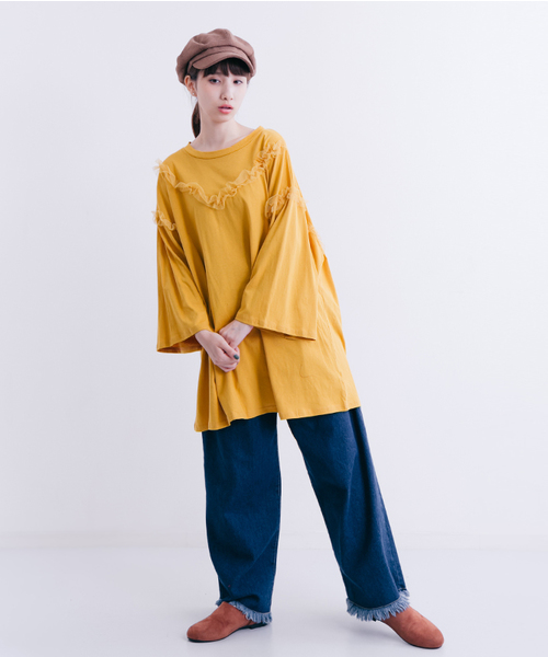 MERLOT（メルロー）の「部分チュールプルオーバー1218（Tシャツ/カットソー・レディース・オフホワイト/ブラウン/ブラック/マスタード・FREE）」の10枚目の写真