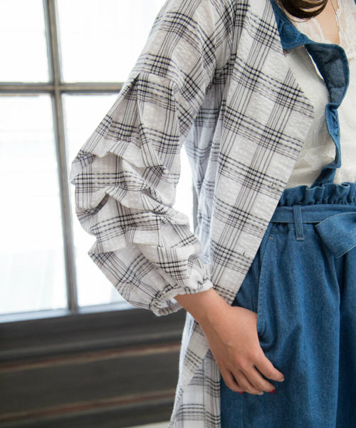 OLIVE des OLIVE(オリーブデオリーブ)の「ボリューム袖チェック柄ワンピース(シャツワンピース・レディース・ホワイト/グリーン/パープル・FREE)」の11枚目の写真