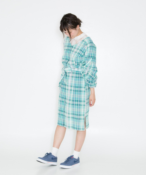 OLIVE des OLIVE(オリーブデオリーブ)の「ボリューム袖チェック柄ワンピース(シャツワンピース・レディース・ホワイト/グリーン/パープル・FREE)」の15枚目の写真