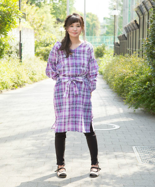 OLIVE des OLIVE(オリーブデオリーブ)の「ボリューム袖チェック柄ワンピース(シャツワンピース・レディース・ホワイト/グリーン/パープル・FREE)」の16枚目の写真