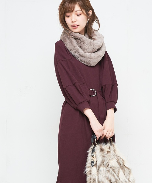 natural couture（ナチュラルクチュール）の「ボリューム袖ベルト付ワッフルワンピ（ワンピース・レディース・ベージュ/ボルドー/ブラック/ピンク/キャメル・FREE）」の7枚目の写真