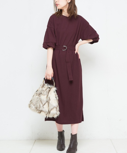 natural couture（ナチュラルクチュール）の「ボリューム袖ベルト付ワッフルワンピ（ワンピース・レディース・ベージュ/ボルドー/ブラック/ピンク/キャメル・FREE）」の8枚目の写真