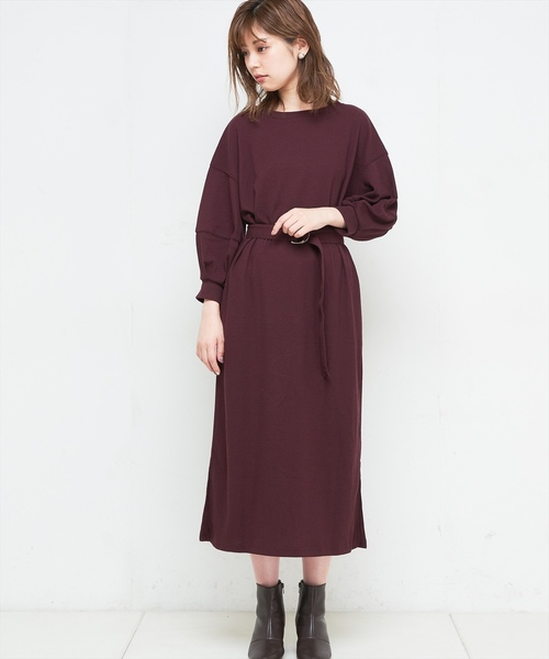 natural couture（ナチュラルクチュール）の「ボリューム袖ベルト付ワッフルワンピ（ワンピース・レディース・ベージュ/ボルドー/ブラック/ピンク/キャメル・FREE）」の10枚目の写真