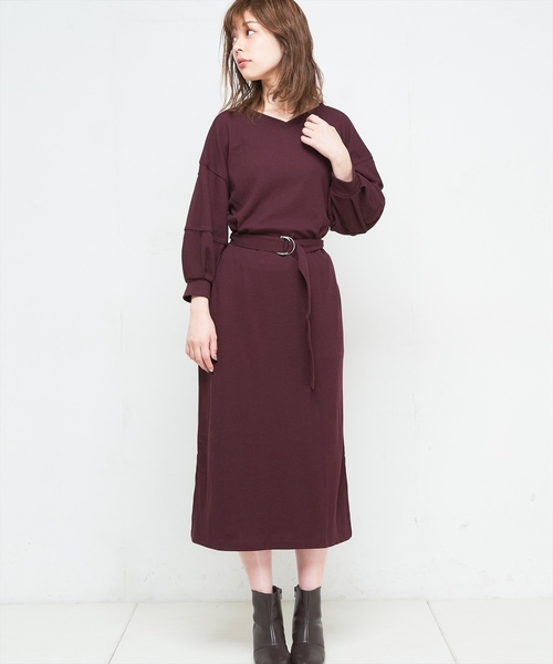 natural couture（ナチュラルクチュール）の「ボリューム袖ベルト付ワッフルワンピ（ワンピース・レディース・ベージュ/ボルドー/ブラック/ピンク/キャメル・FREE）」の18枚目の写真