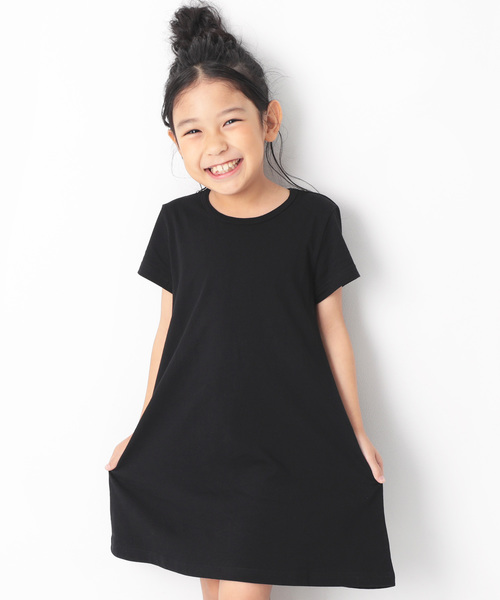 devirock（デビロック）の「半袖Aラインワンピース（ワンピース・キッズ・ホワイト/ブラック/ネイビー/カーキ/イエロー/ラベンダー/杢グレー/グリーン系その他/イエロー系その他/ピンク系その他/レッド系その他/ヘザーチャコール/スモークピンク/グリーン系その他2・80ｃｍ/90cm/100cm/120cm/130cm/140cm/150cm/160cm/110cm）」の3枚目の写真