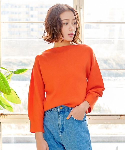 KOBE LETTUCE（コウベレタス）の「ボートネックバルーンスリーブハイゲージニットトップス（ニット/セーター・レディース・ブラック/オレンジ/アイボリー/ミント/レモンイエロー/グレイッシュベージュ・FREE）」の6枚目の写真