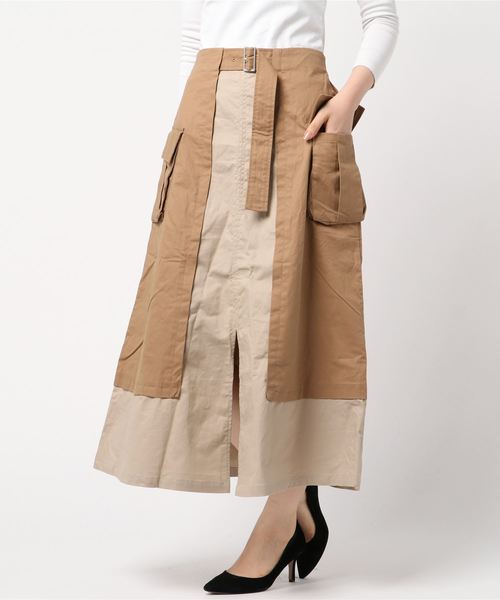 STYLEBLOCK（スタイルブロック）の「綿ツイル配色フレアロングスカート（スカート・レディース・ベージュ/ブラウン・M）」の2枚目の写真