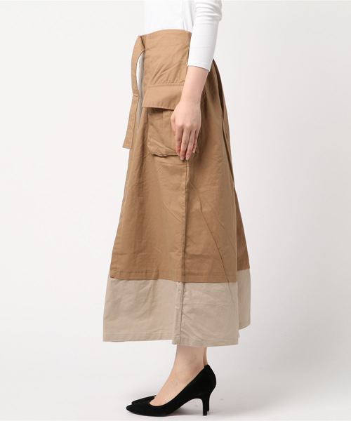 STYLEBLOCK（スタイルブロック）の「綿ツイル配色フレアロングスカート（スカート・レディース・ベージュ/ブラウン・M）」の3枚目の写真