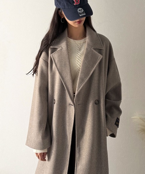 classicalelf（クラシカルエルフ）の「さっと、羽織るだけで高級感。フェイクウールダブルテーラードロング丈コート（チェスターコート・レディース・ブラック/アイボリー/モカ/ブルー/ホワイト系その他/ブラウン/チャコールグレー・MEDIUM/LARGE/X-LARGE/SMALL）」の9枚目の写真