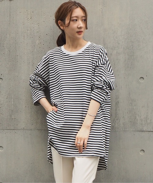 tiptop（ティップトップ）の「クルーネックラウンドヘムBIGロンT（Tシャツ/カットソー・レディース・ブラック/オフホワイト/A/ライトベージュ/ブルー/グリーン/スミクロ・FREE）」の7枚目の写真