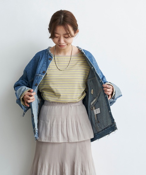 DouDou（ドゥドゥ）の「ボーダーチュニックT（Tシャツ/カットソー・レディース・オフホワイト/イエロー・FREE）」の9枚目の写真