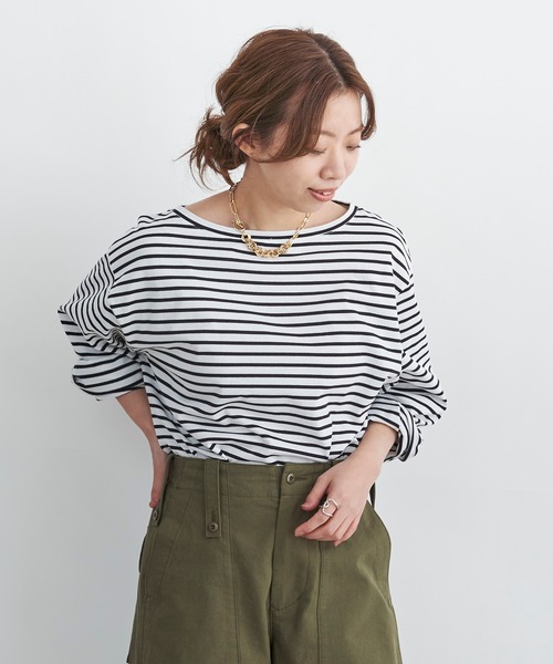 DouDou（ドゥドゥ）の「ボーダーチュニックT（Tシャツ/カットソー・レディース・オフホワイト/イエロー・FREE）」の6枚目の写真