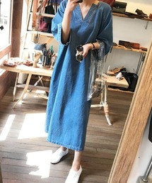 バックスリット Vネックデニムワンピース