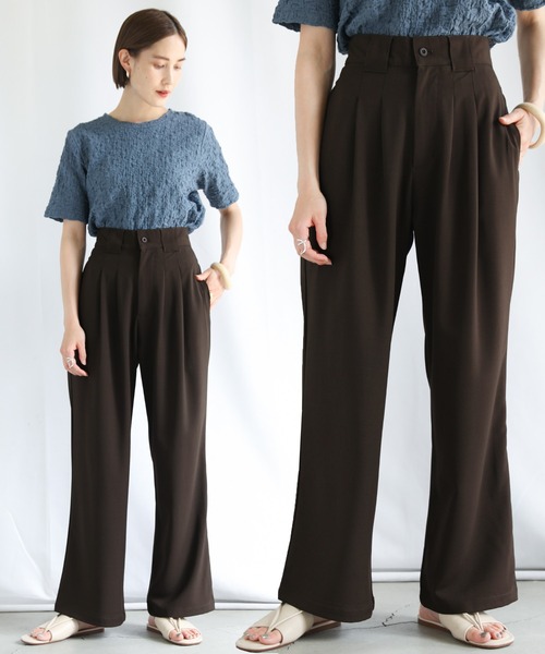 select MOCA(セレクトモカ)の「ワイドベルトループダブルタックストレートパンツ(スラックス・レディース・ダークブラウン/オレンジ/ライトベージュ・SMALL/MEDIUM)」の2枚目の写真