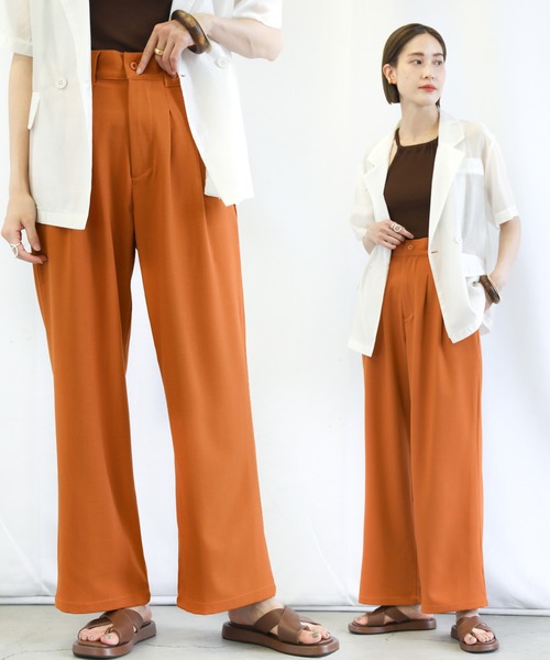 select MOCA(セレクトモカ)の「ワイドベルトループダブルタックストレートパンツ(スラックス・レディース・ダークブラウン/オレンジ/ライトベージュ・SMALL/MEDIUM)」の1枚目の写真