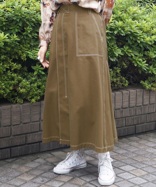 179/WG(イチナナキュウダブルジー)の「ワーク風フレアロングスカート(スカート・レディース・グリーン/ブラウン/ブラック・MEDIUM)」の3枚目の写真